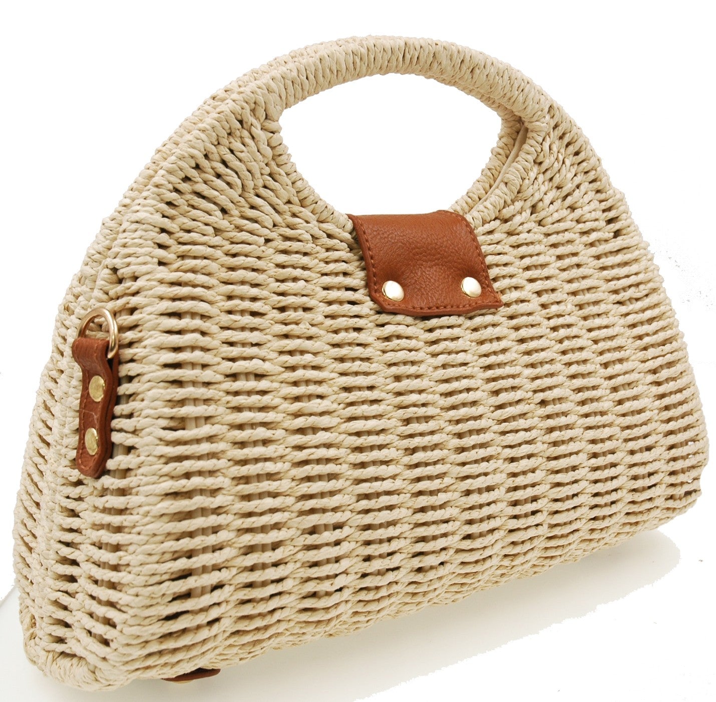 L’hamore Sabbath Bag – beige woven handbag with curved handle and leather tab detail on white background