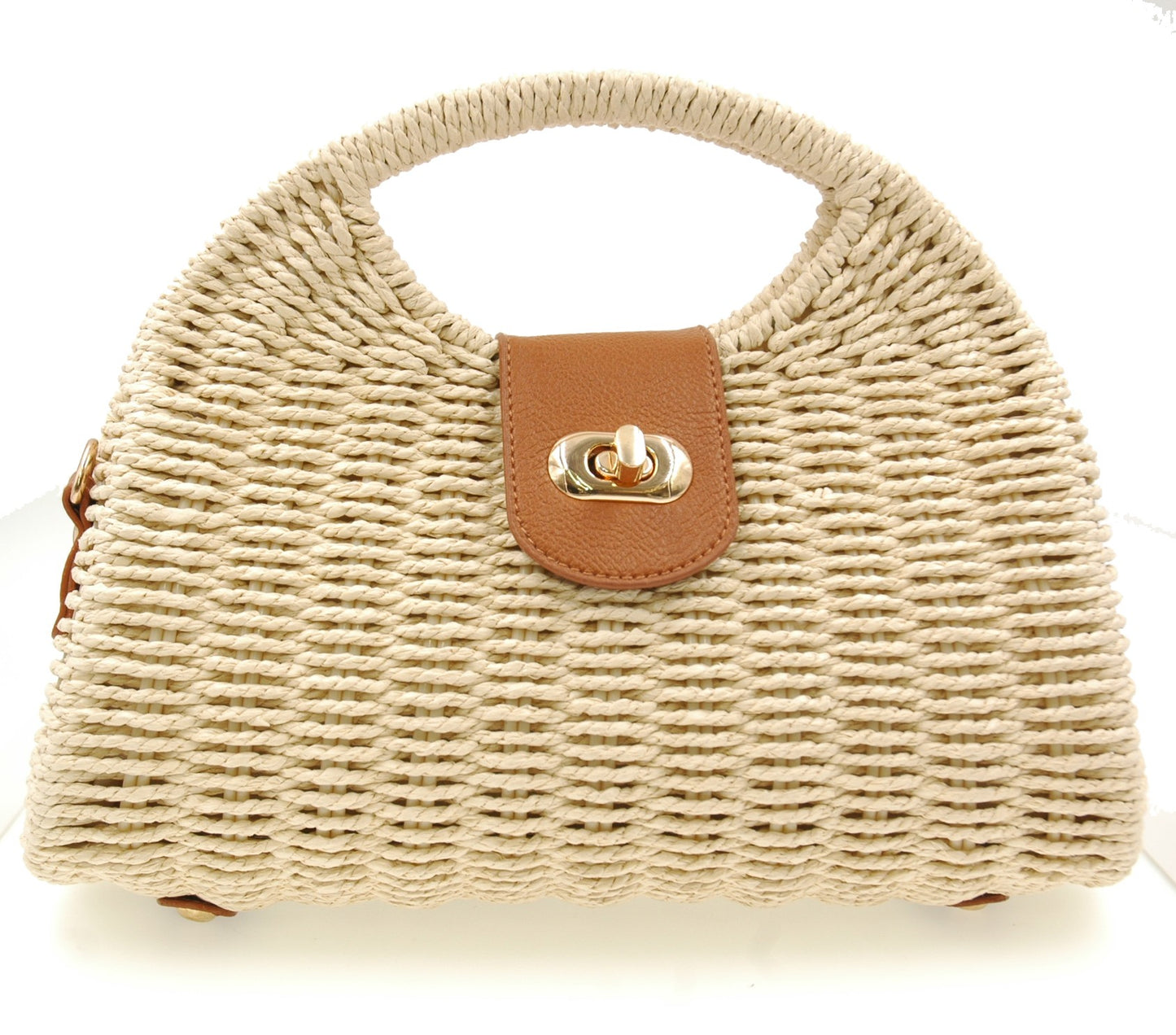 L’hamore Sabbath Bag – beige woven handbag with curved handle and leather tab detail on white background