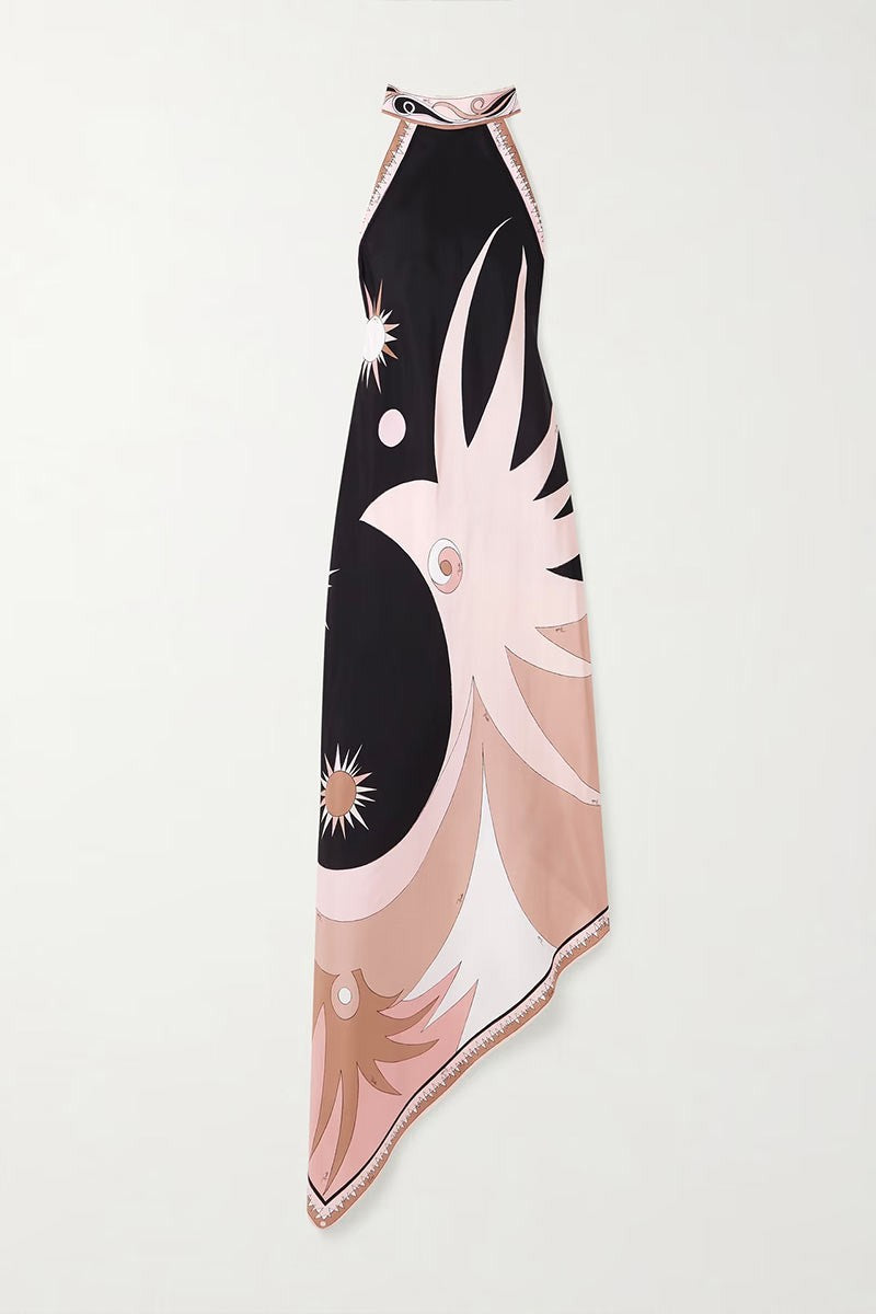 lose-up of lower half of the satin maxi dress featuring pink and white abstract celestial design and detailed trim