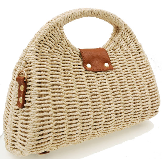 L’hamore Sabbath Bag – beige woven handbag with curved handle and leather tab detail on white background