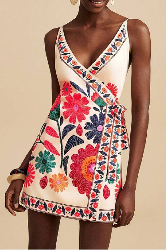 Angled view showing deep V-neck and rainbow floral print details
