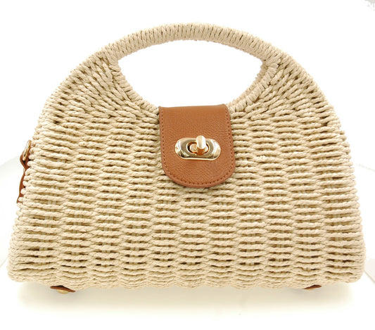 L’hamore Sabbath Bag – beige woven handbag with curved handle and leather tab detail on white background